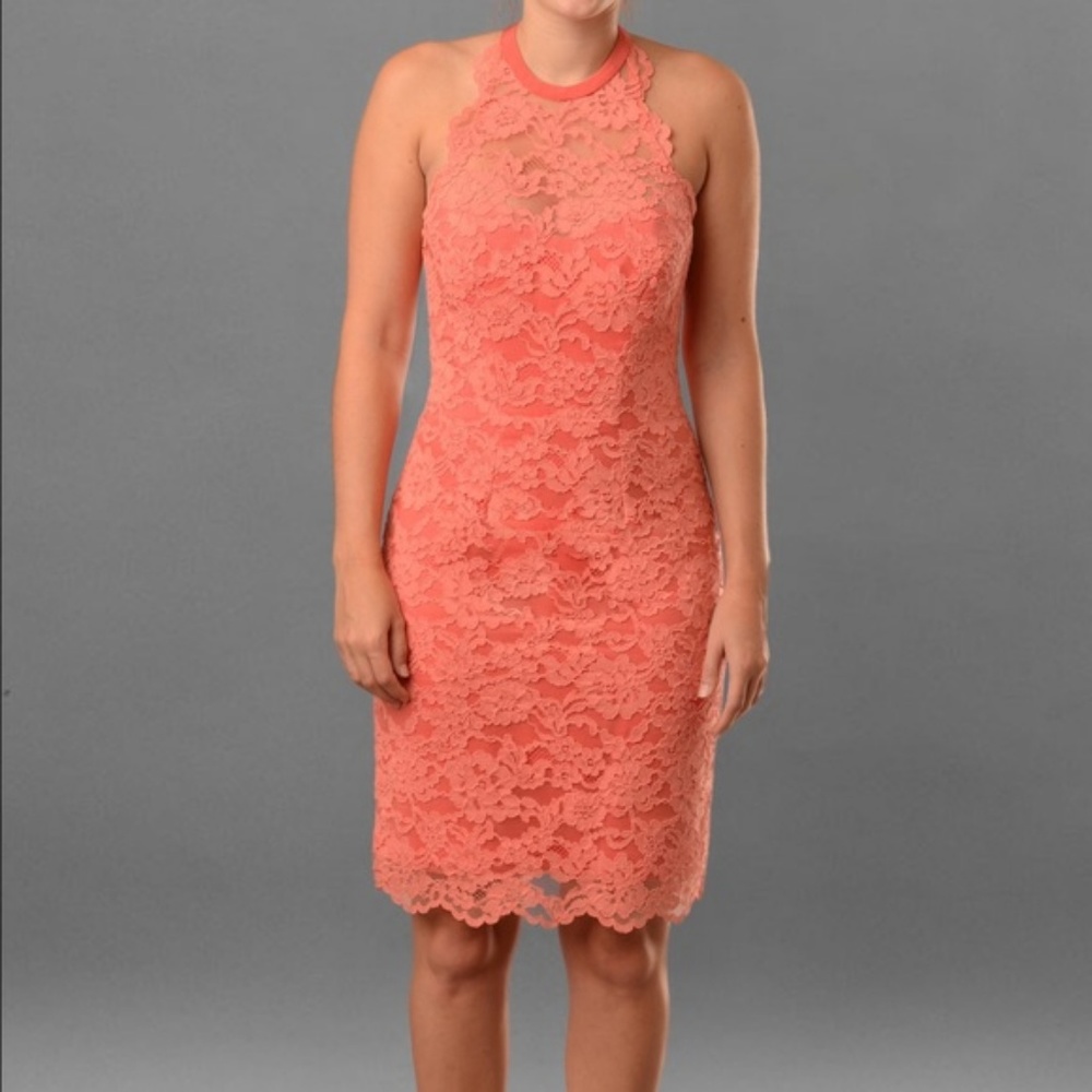 Nicole Miller Coral Lace Halter Dress
